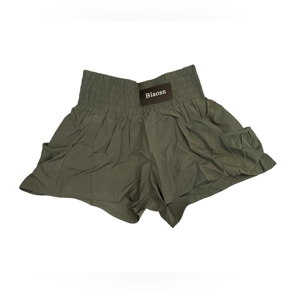 Women's Olive Green Flowy Athletic Shorts W/ Pockets Size- L